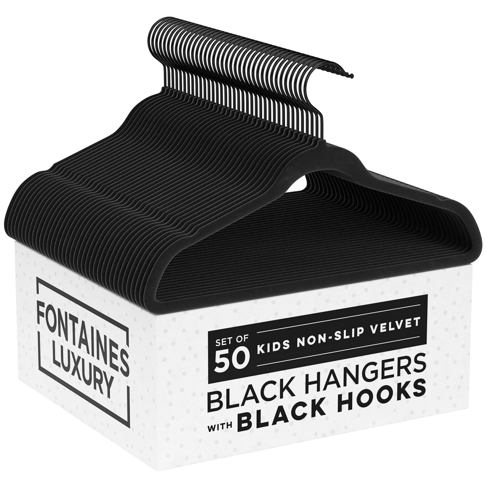 Fontaines Luxury Kid's Black Velvet Felt Non Slip Clothes Hangers 50 Pack - Ultr