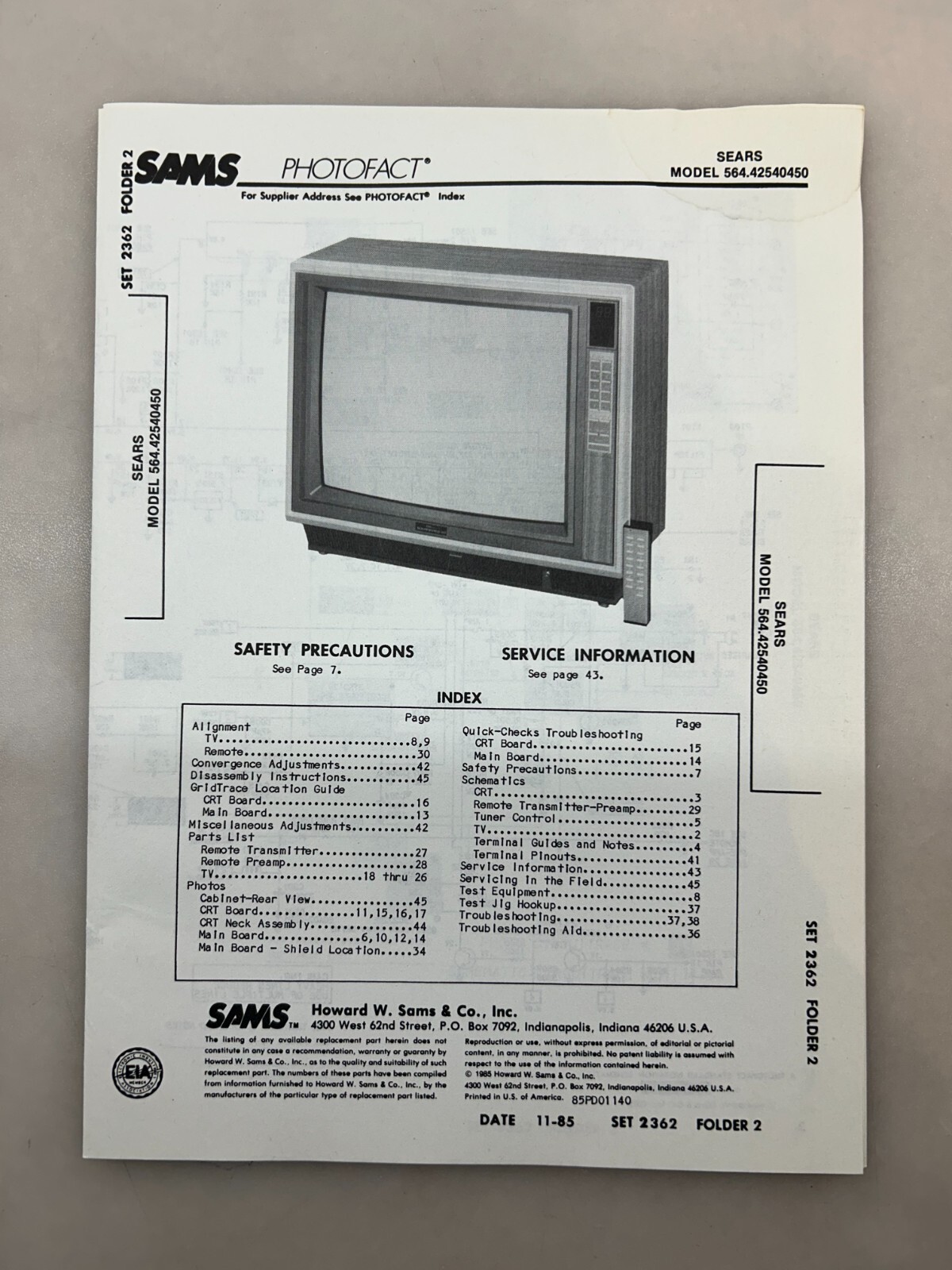 Sears 564.42540450 Service Manual Sams Photofact Free Shipping