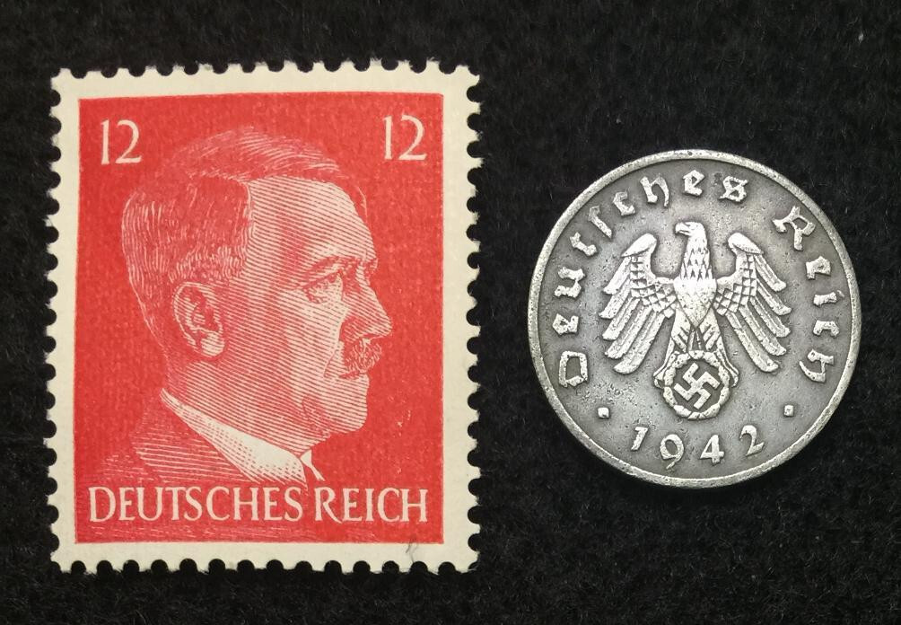 WWII Authentic Rare German Coin 1 Rp Zinc and Unused Stamp World War 2 Artifacts