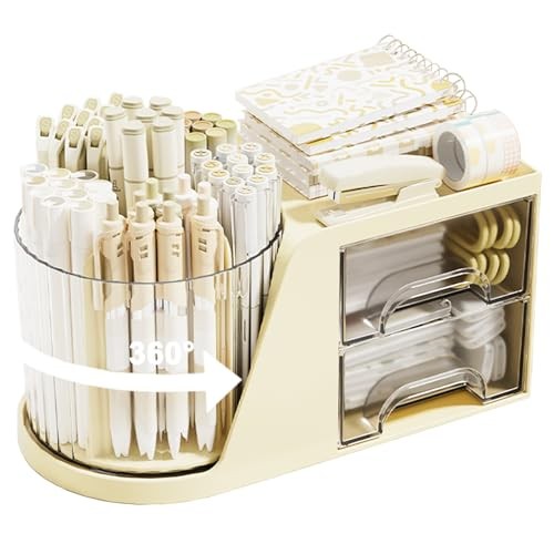 Rotating Desk Organizer with 2 Drawer, 6 Slots Multi-Functional Pencil Beige