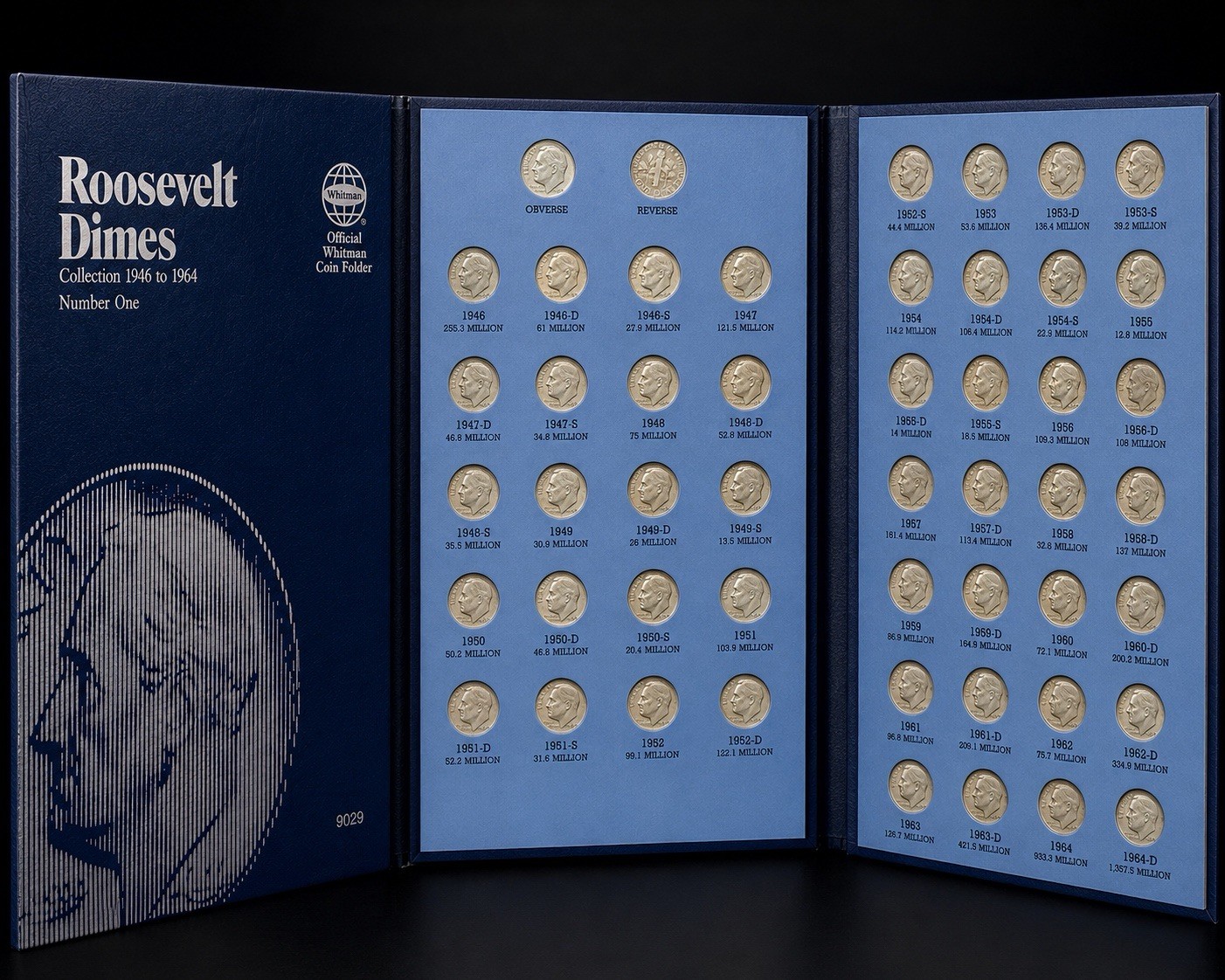 Complete Roosevelt Dime Set 1946-1964 Whitman Folder 90% Silver All PDS