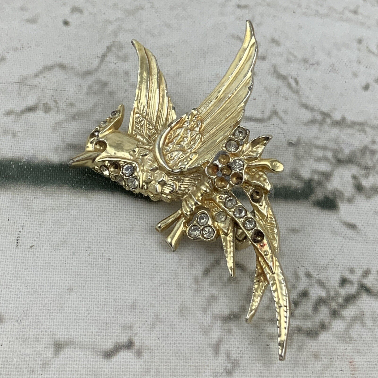 Vintage Bird on a Branch Gold Toned Bird Brooch Rhinestones Missing Ornate Flaw