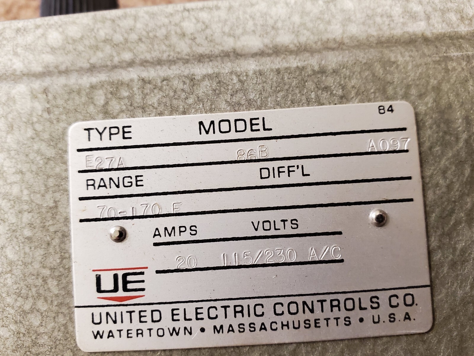 Temperature Control switch United Electric Controls Co., E27A, 20 amps, new