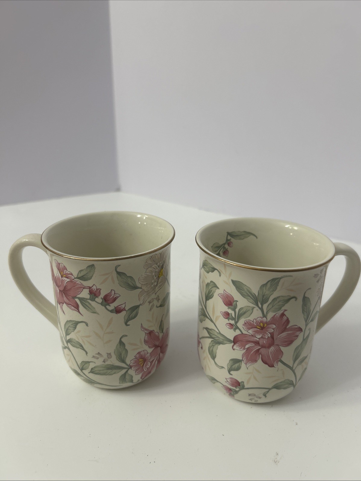 Prima Otagiri Japan Ceramic Pink/Green Floral  Cup/Mug 10oz 4" Tall Set of 2