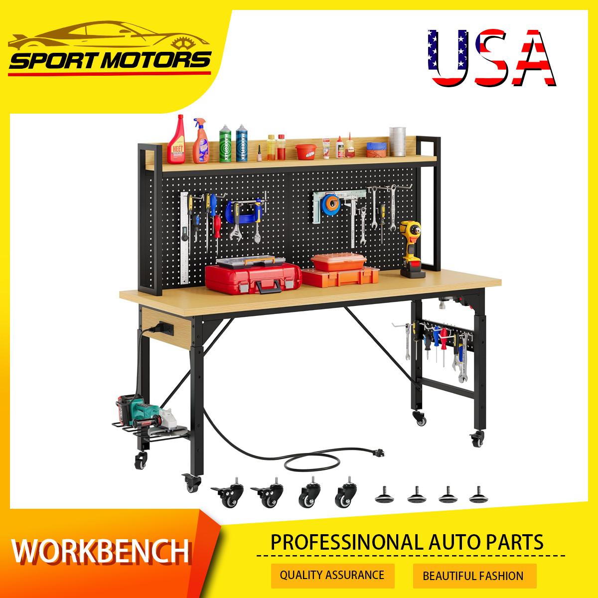59" L Heavy-Duty Adjustable Workbench with Pegboard & Power Outlets Hooks Garage