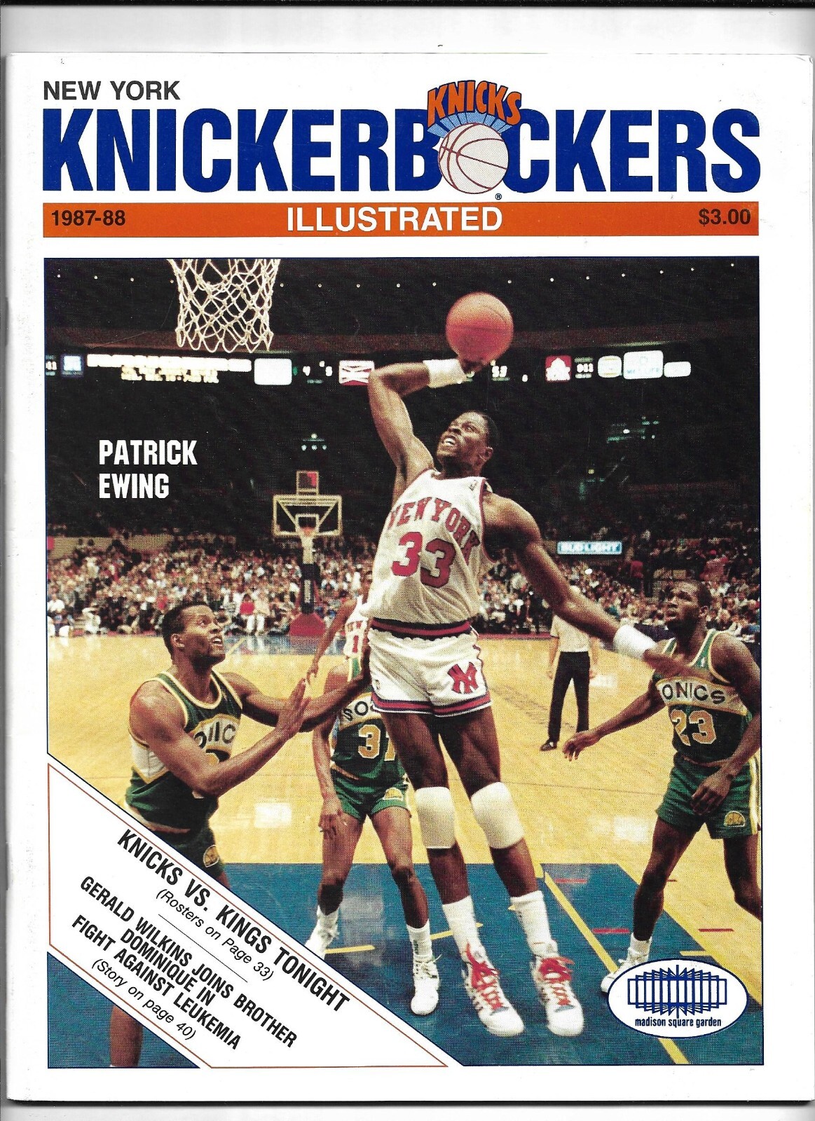February 18, 1988 Knicks vs Kings Basketball Program--Patrick Ewing   Excellent