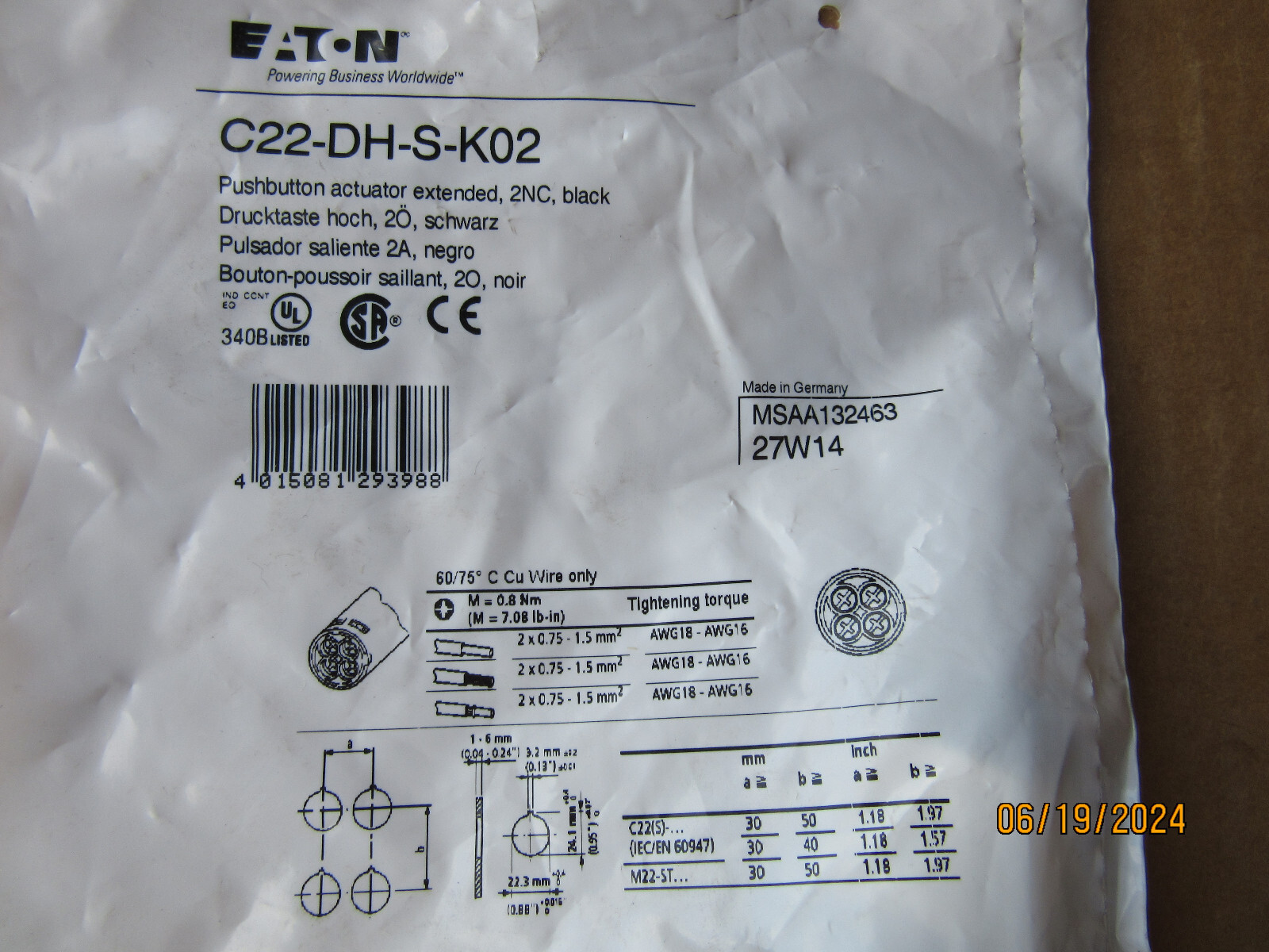 Eaton C22-DH-S-K02 Black Pushbutton 2 N.C. New in Sealed Package Free Shipping