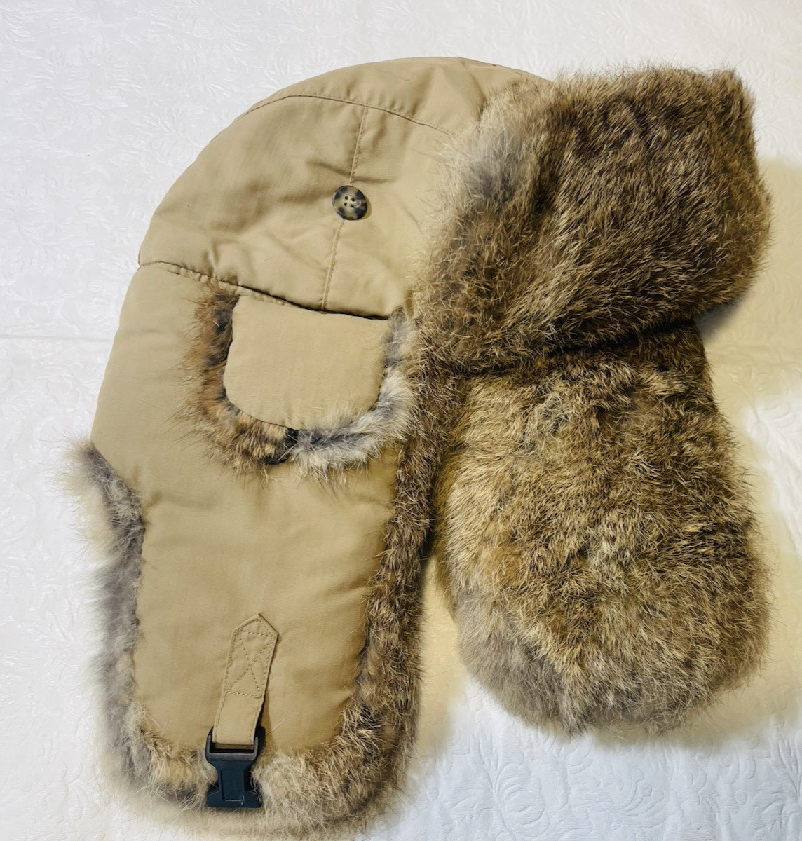Mad Bomber Trapper Hat S Tan Rabbit Fur Ear Flaps Quilted Lining Winter New Con