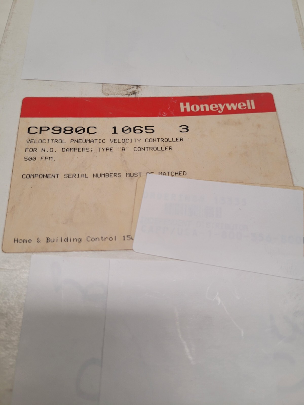 Honeywell CP980C1065 Pneumatic Velocity Controller