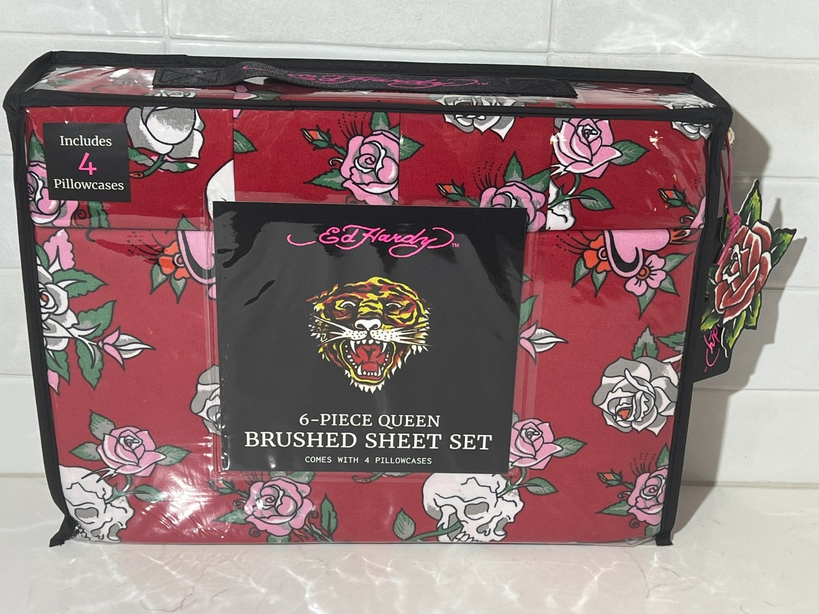 ED HARDY Queen Red Sheet Set 6pc New Pink Flowers Skull Roses Heart Grunge Y2K