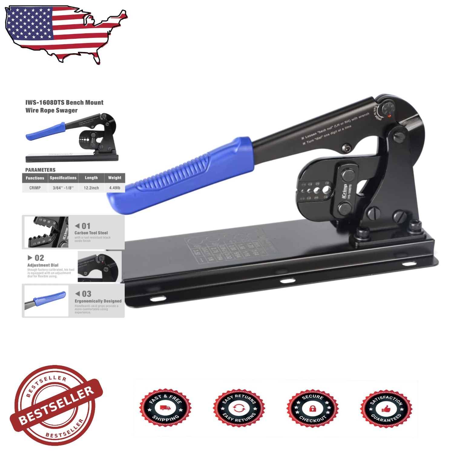 iCrimp Steel Bench Swaging Tool: Easy Leverage Crimper, Blue, 3/64"-1/8" Sleeves