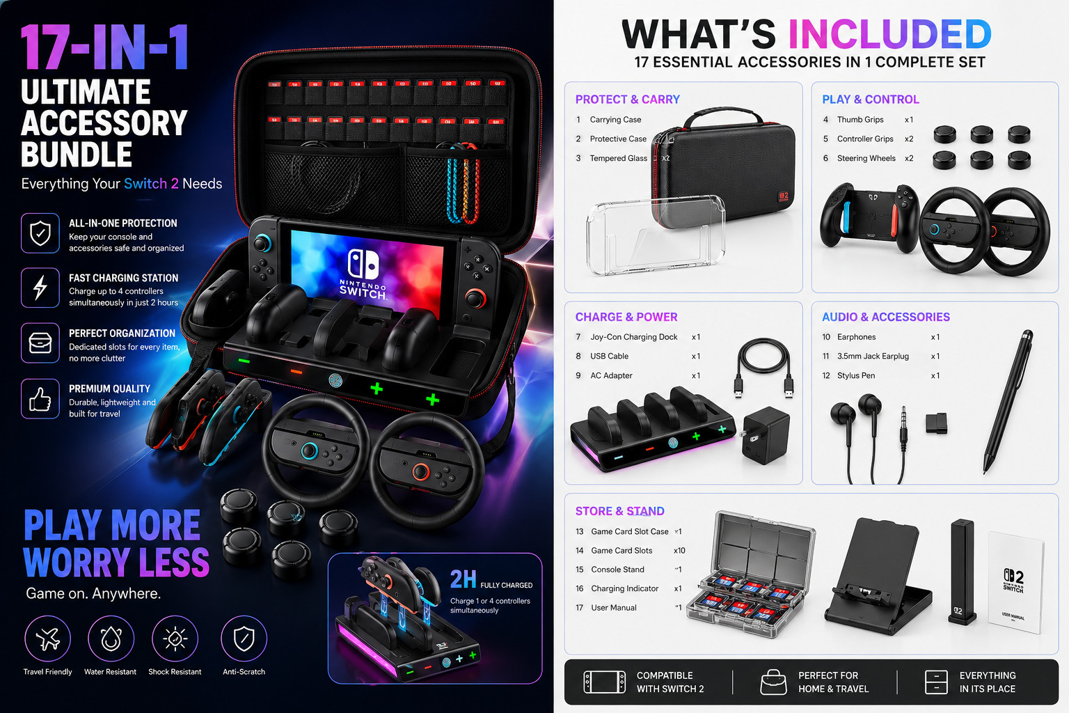 AXYBCOOL SD3000 Switch 2 Accessories Bundle 17-in-1 Carrying Case Kit