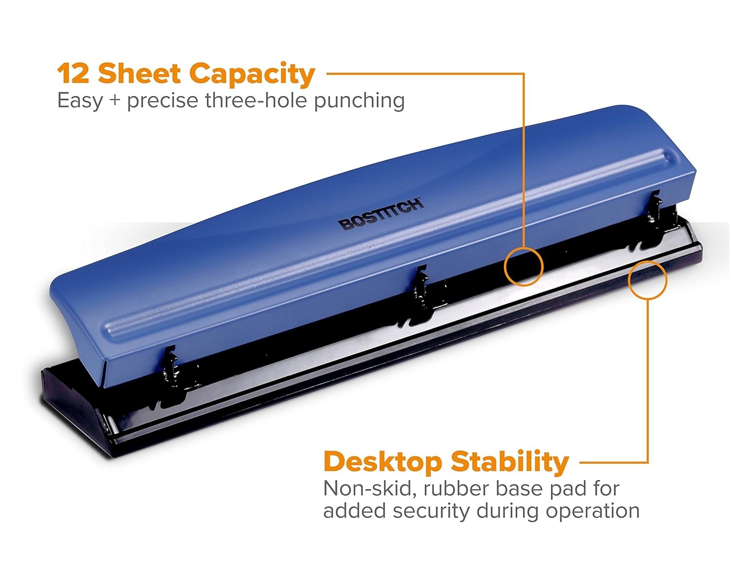 Bostitch Office Premium 3 Hole Punch, 12 Sheet Capacity, Metal, Rubber Base, Eas