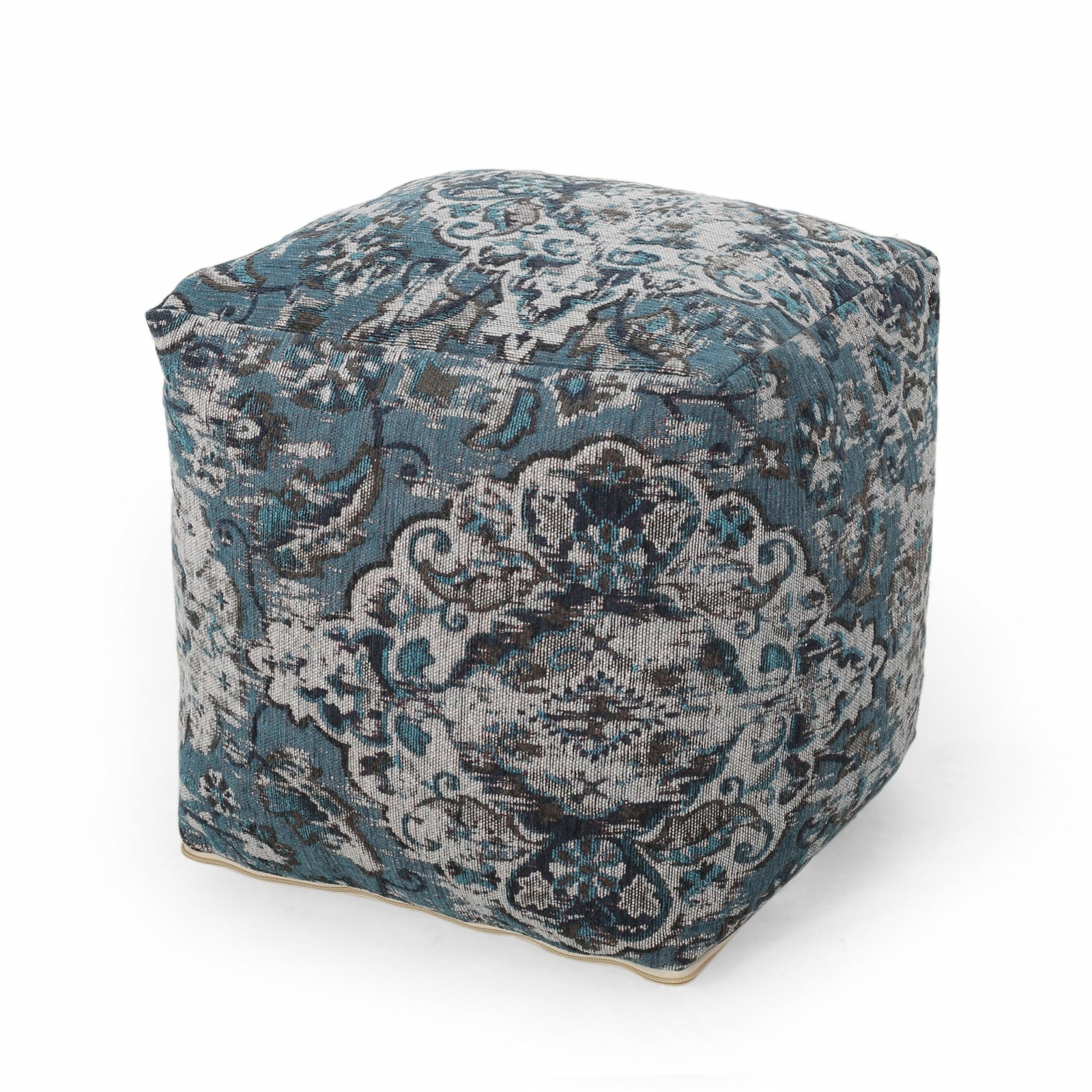 Boho Handmade Fabric Oriental Cube Pouf, Blue