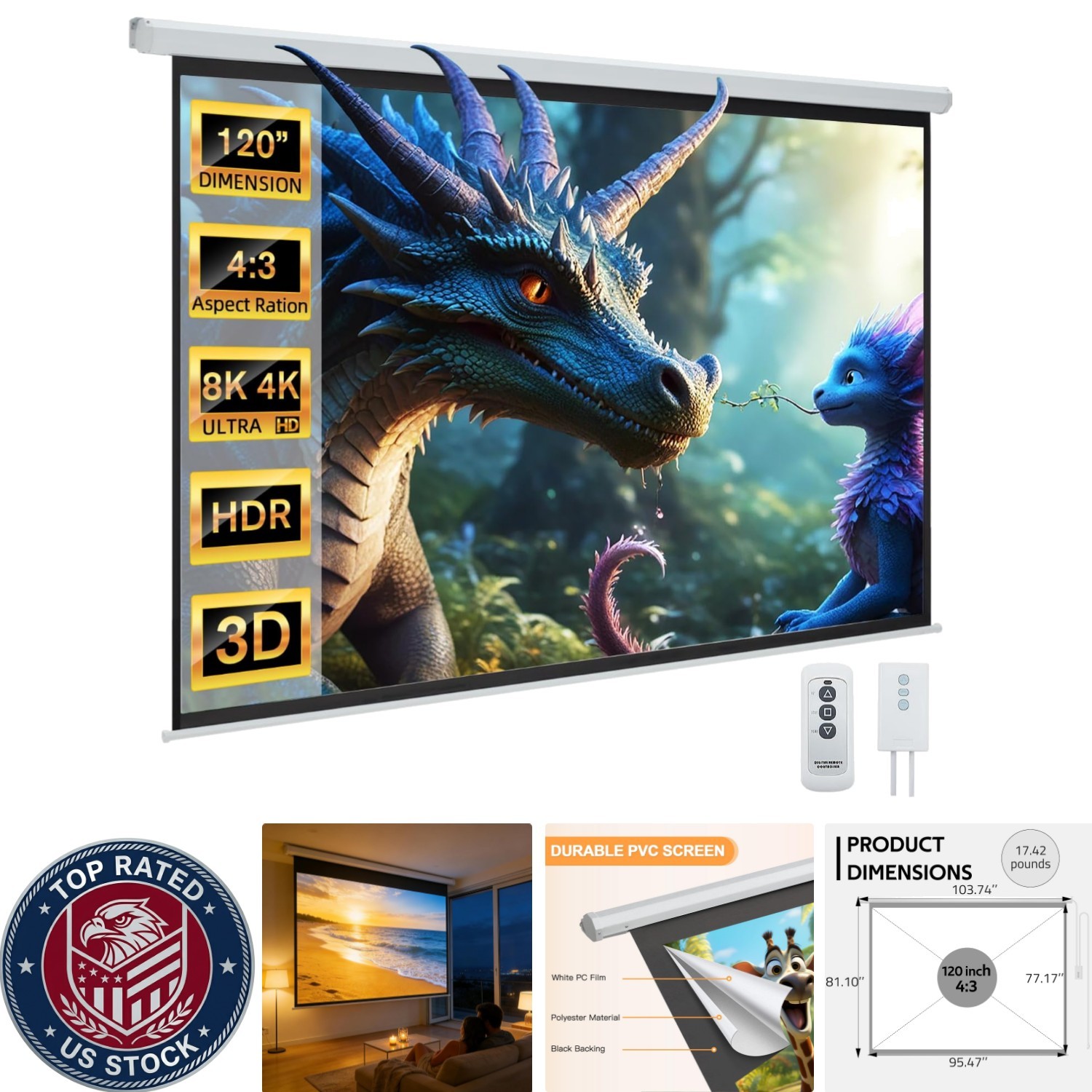 120" Motorized 4:3 Projector Screen 4K HD Electric Automatic Retractable, Remote