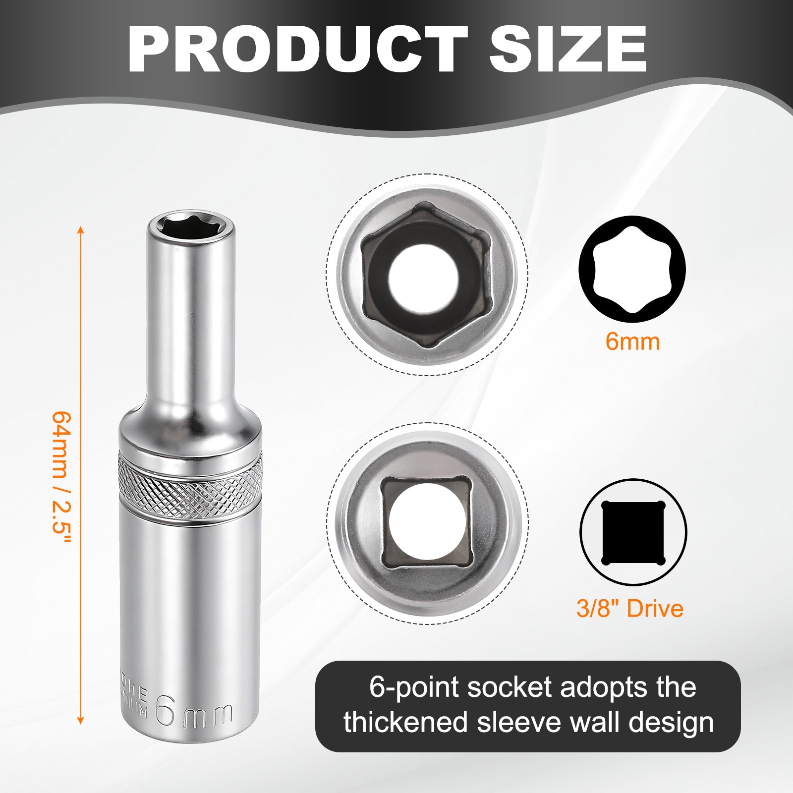 3pcs 6 Points Deep Socket 3/8" Drive 6mm Nickel Plating Impact Socket 2.5" Long