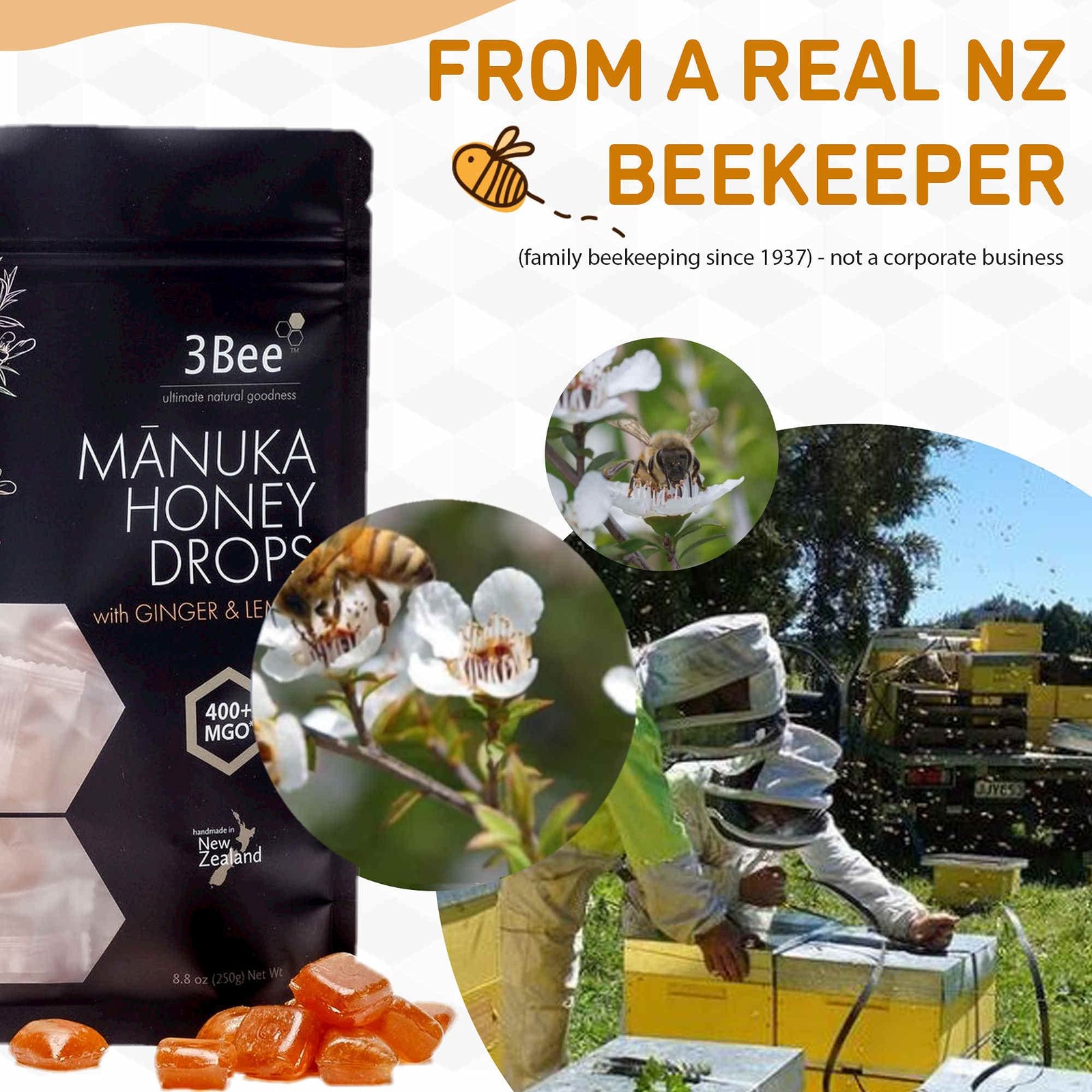 Manuka Honey Drops 400+ MGO with Ginger & Lemon