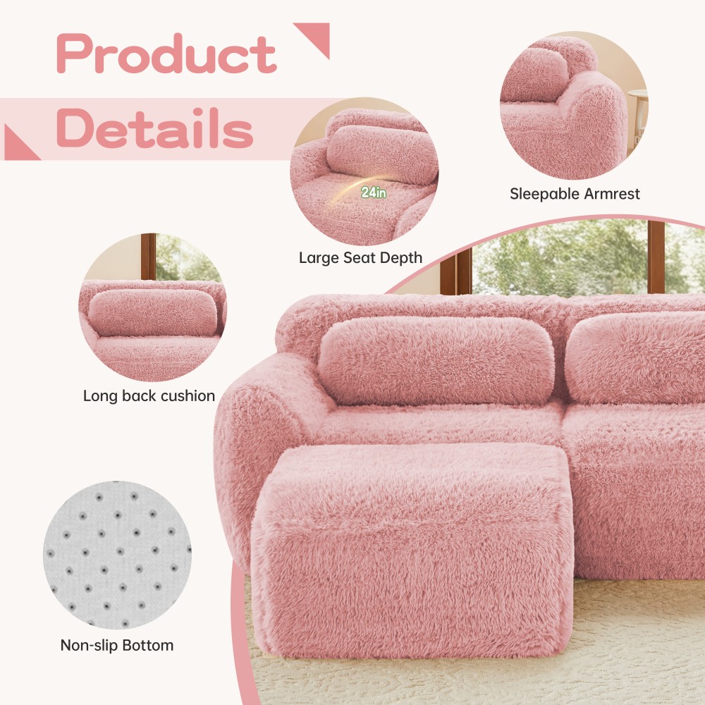 2-seater Sectional Couches Soft Fluffy Plush Fabric Bottom Anti-Slip Design Pink