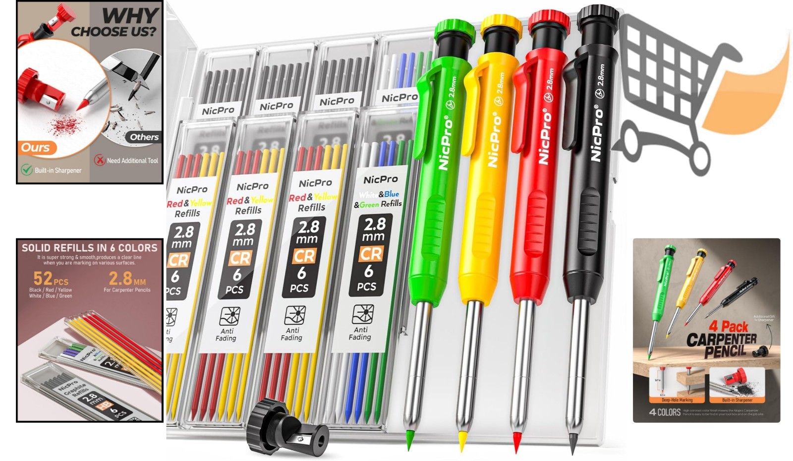 Carpenter Pencils Set with Sharpener 52 Refills Heavy Duty Marking Tools