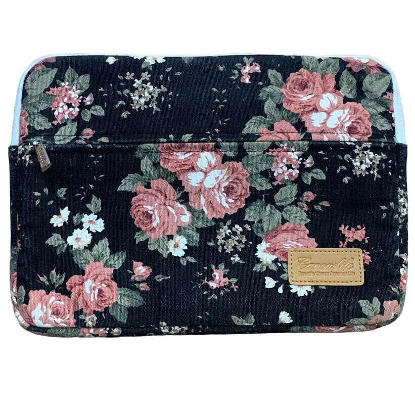 Canvaslife Canvas Black Pink White Floral Zippered Laptop Case w Interior Pocket