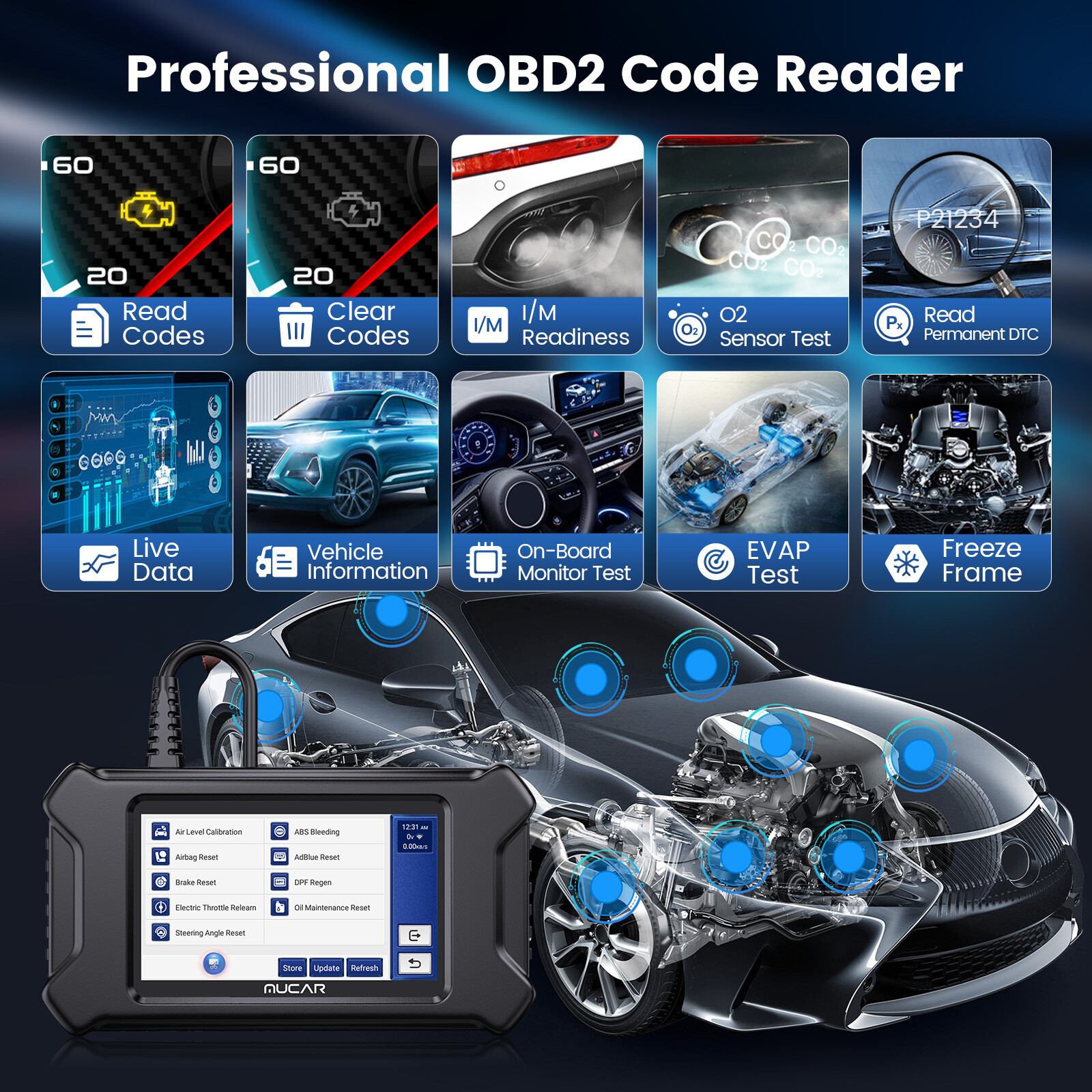 MUCAR OBD2 Scanner Engine Fault Diagnostic Tool Code Reader 28 Resets Service