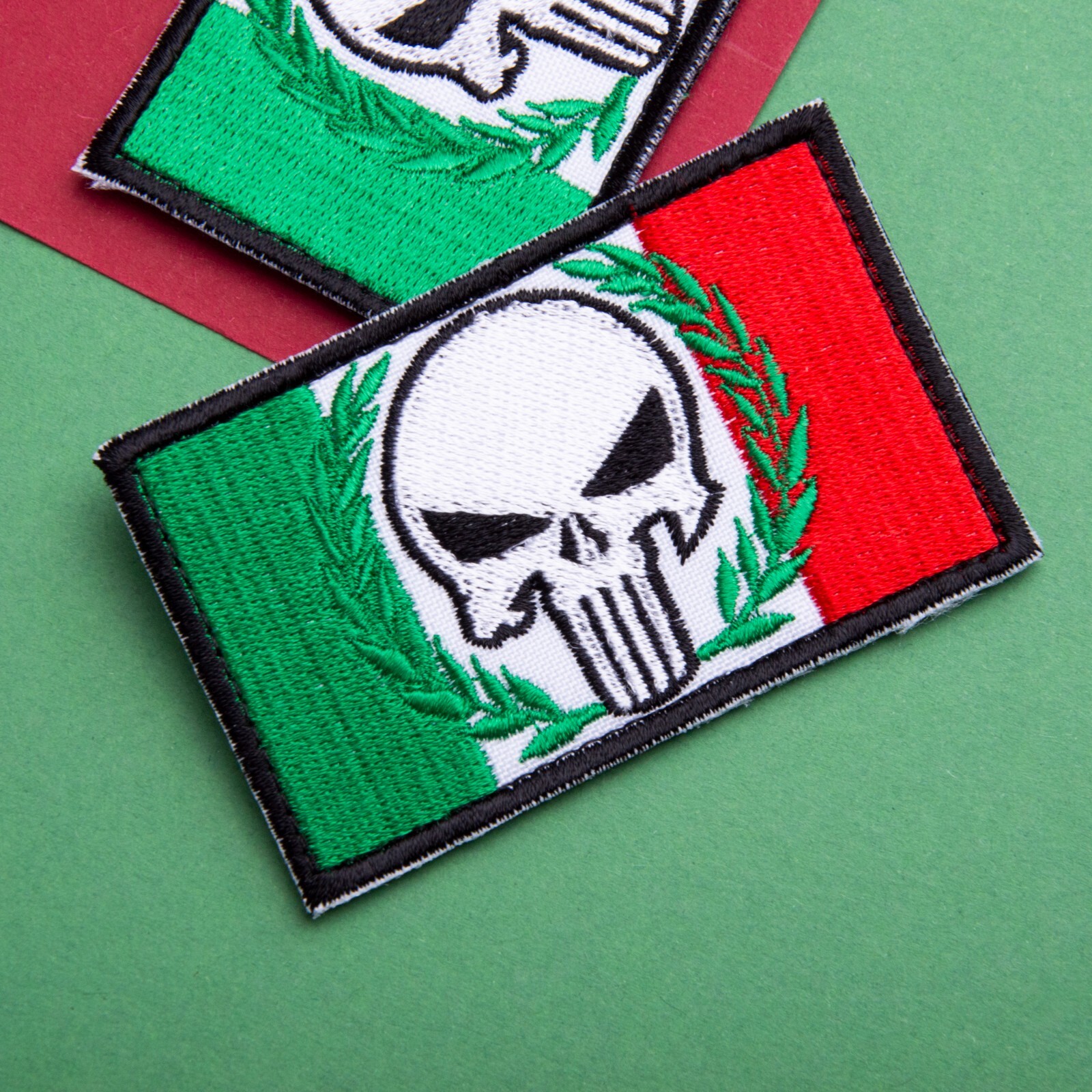 2-Pcs Dead Skull on Italian Flag Embroidered Patch with Hook & Loop Fastener 2x3