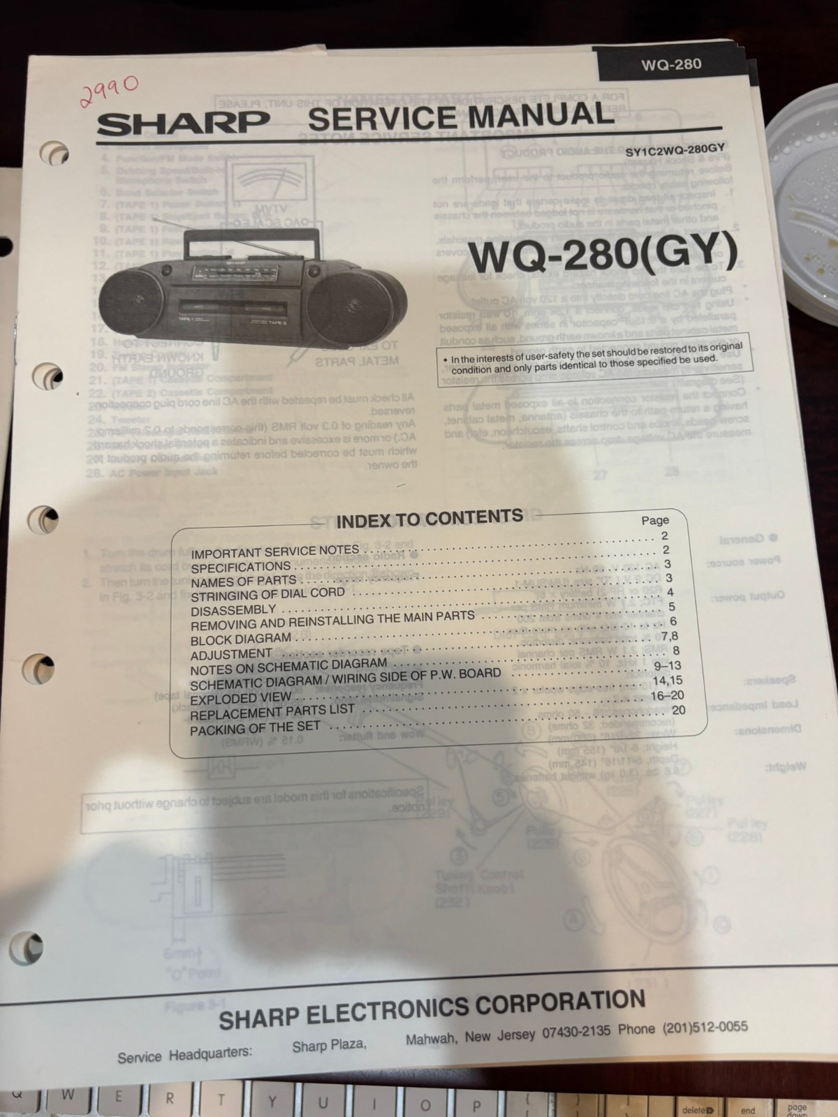 ORIG. SHARP WQ-280 WQ-280(GY) WQ280 Repair & Service Manual *ORIGINAL*