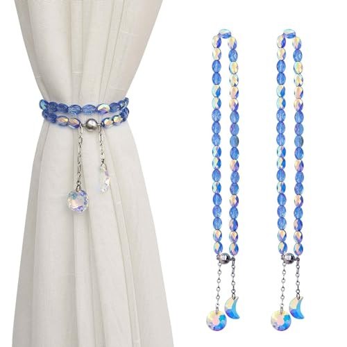 PEDOBO Magnetic Curtain Tiebacks, 2 Pack Crystal Beaded Sun & Moon Blue
