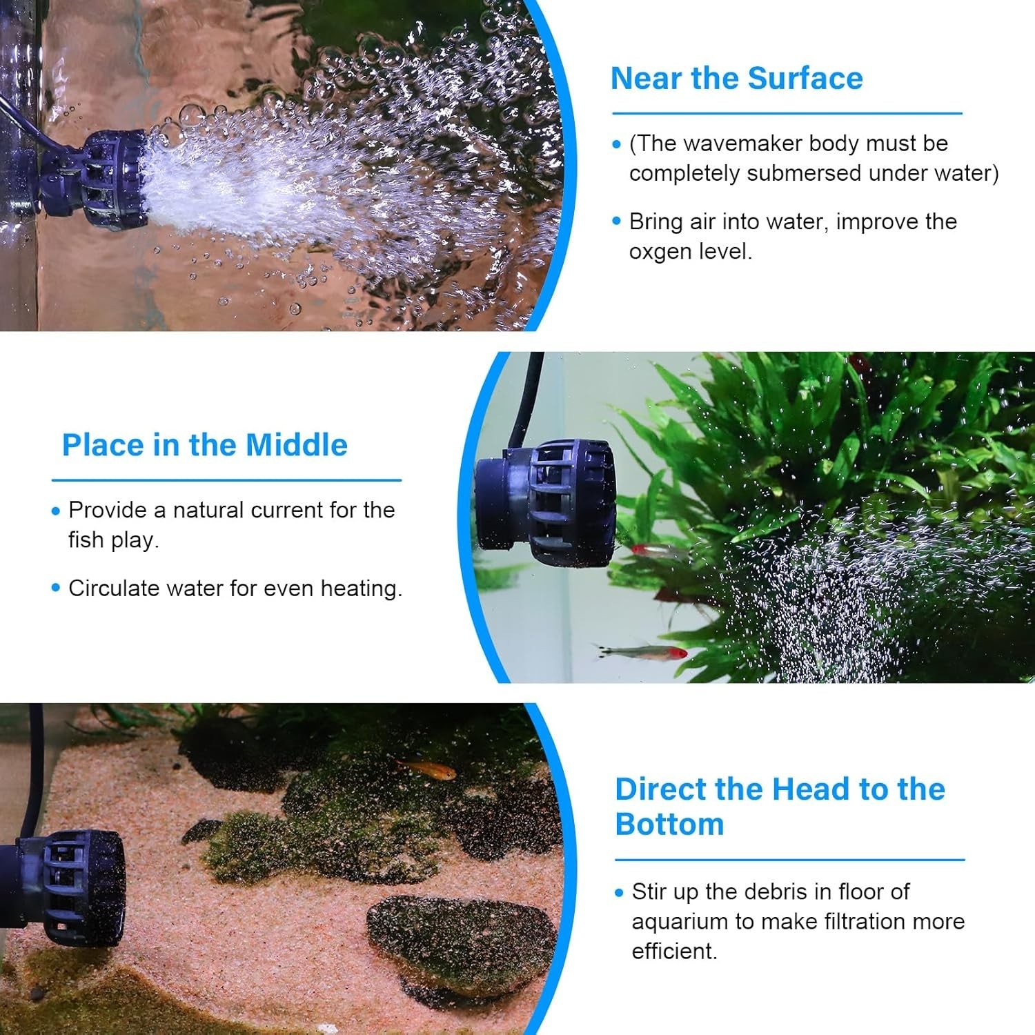 Aquarium Wave Maker 660 GPH for 5-10 Gallon Tanks - Silent & Efficient