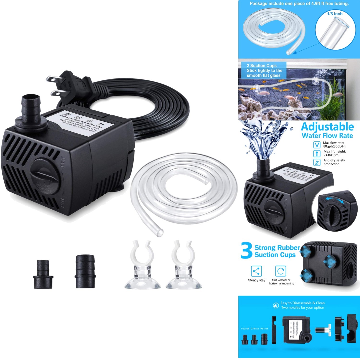 80GPH Submersible Water Pump with 4.9ft Tubing 3 Nozzles Aquarium Fountain Pond