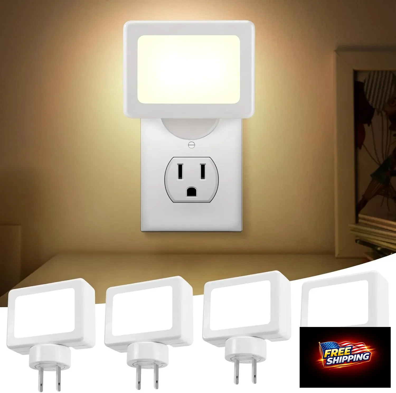 4 Pack Night Light Plug in Wall with Adjustable Direction, Dusk to Dawn Auto On/