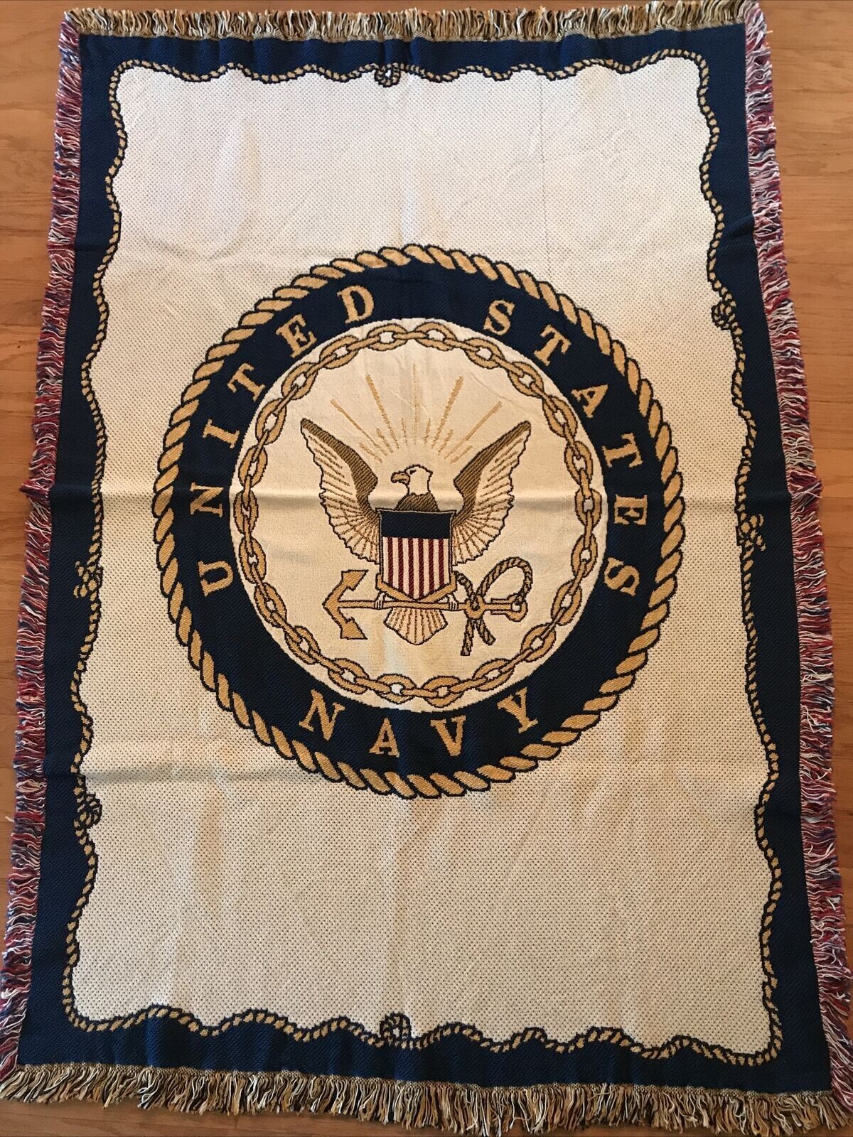 United States NAVY Official Seal Logo IRREGULAR Woven Afghan Throw Blanket NOS