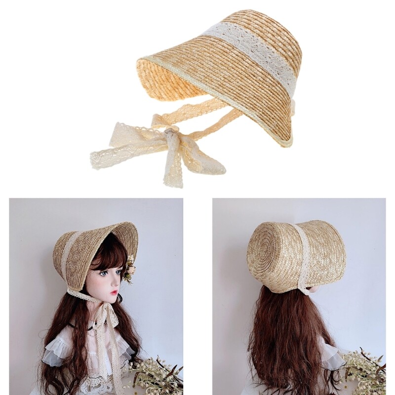 Frenchstyle Laceup Hat Bonnet Sun Straw Teens Girl Vintage Headwear