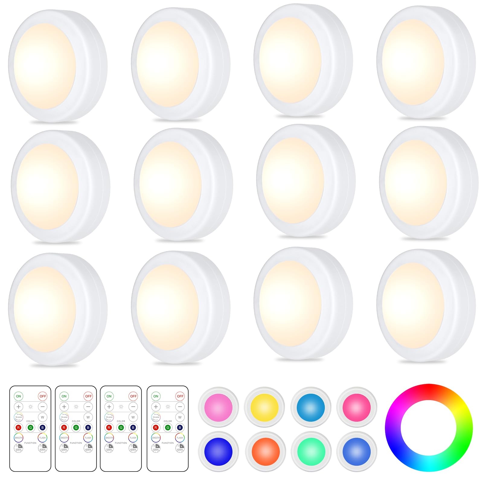 12 PCS LED Puck Lights Remote 16 Color Changeable Under Cabinet Battery Night