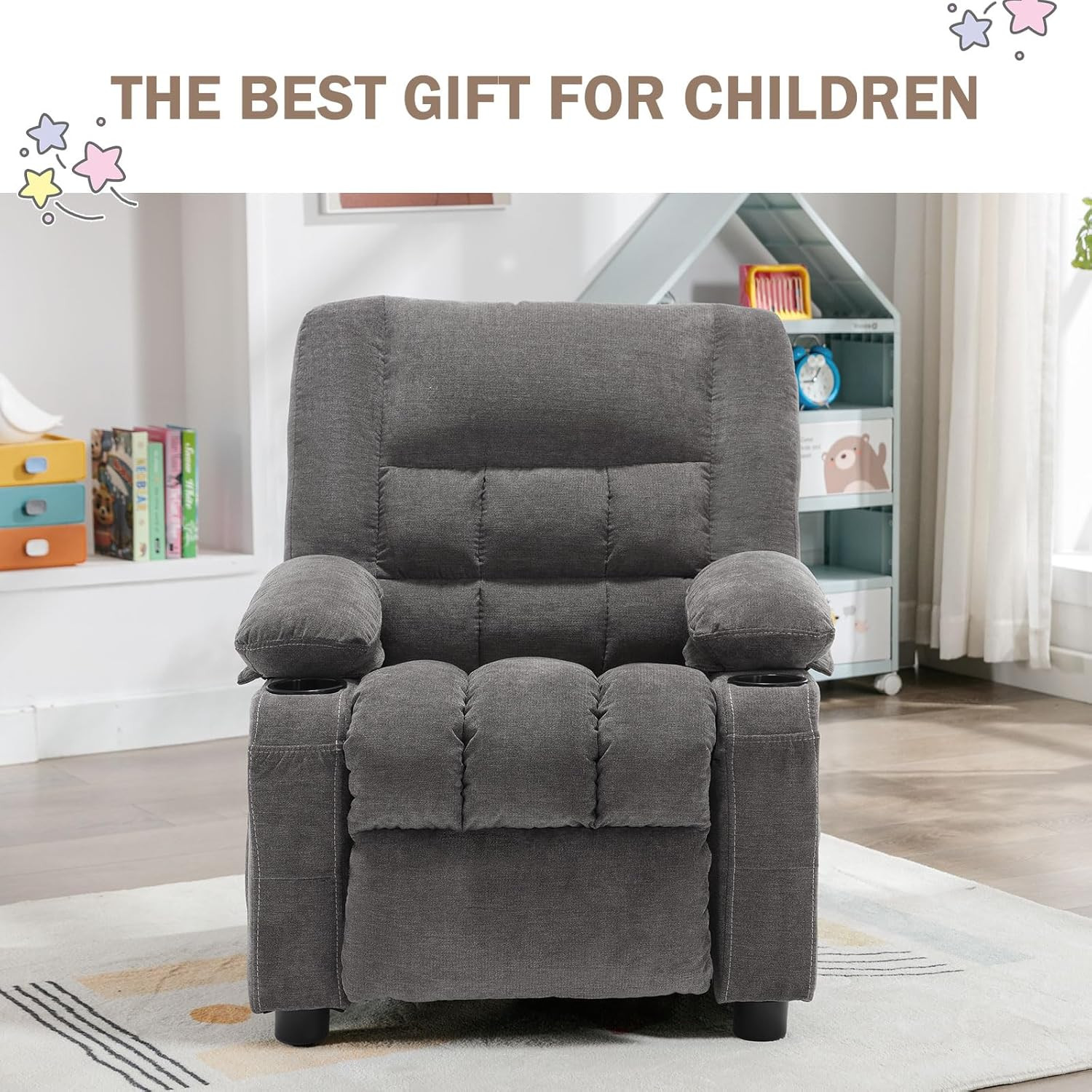 BOSMILLER Kids Recliner Chair， Push Back Toddler Recliner with Cup Holders & Sid