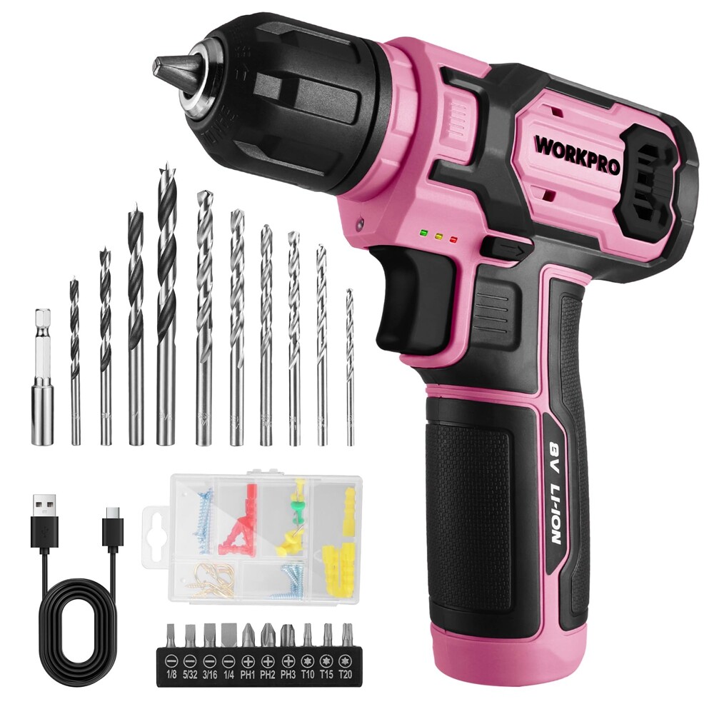 WORKPRO Pink Cordless Drill Driver Set 3/8 Keyless Chuck 53pc Bit Electric Drill