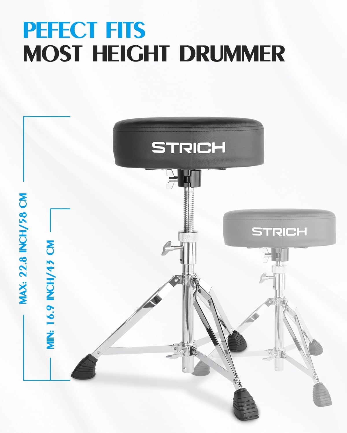 STRICH Drum Throne, Height Adjustable Padded Seat SDB-20, Classic Silver