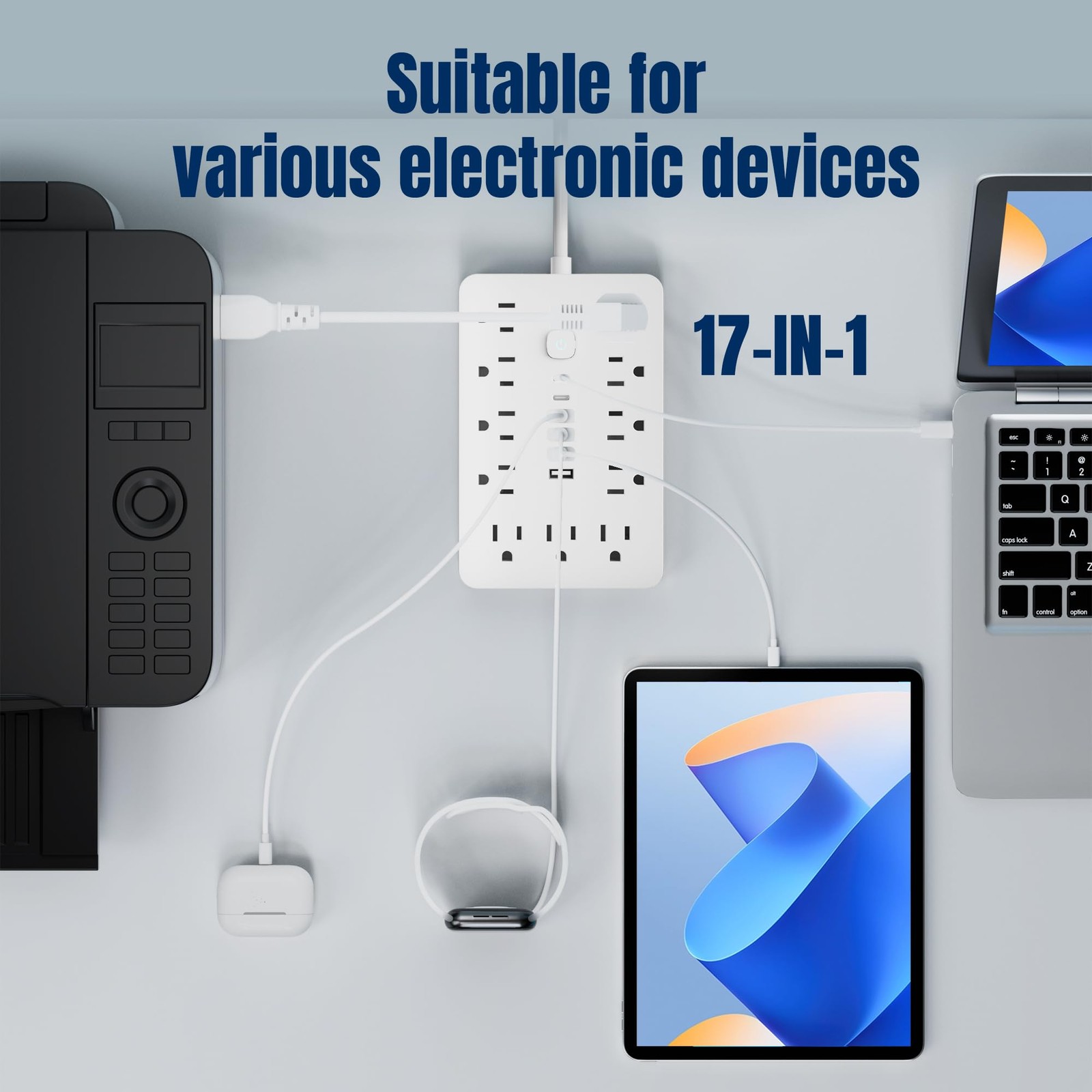 10 FT Flat Plug Surge Protector Power Strip11 Multiple AC Outlets with 6 USB ...
