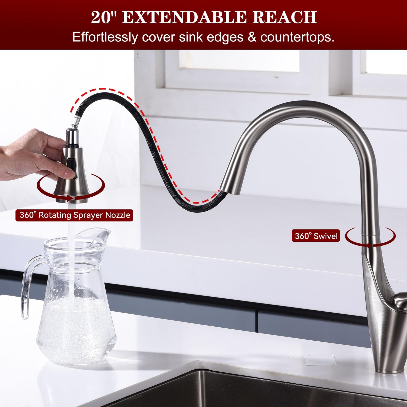 SUMERAIN Pull Out Kitchen (17-5/16") Faucet Height, Brushed Nickel