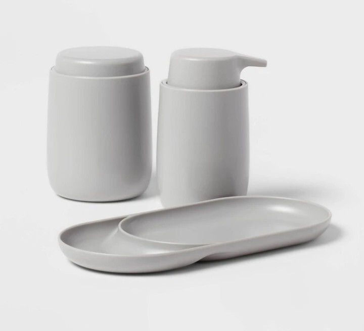 🔥 Room Essentials ~ 3pc Light Gray Bath Bundle Set: Pump, Canister, And Tray 🔥
