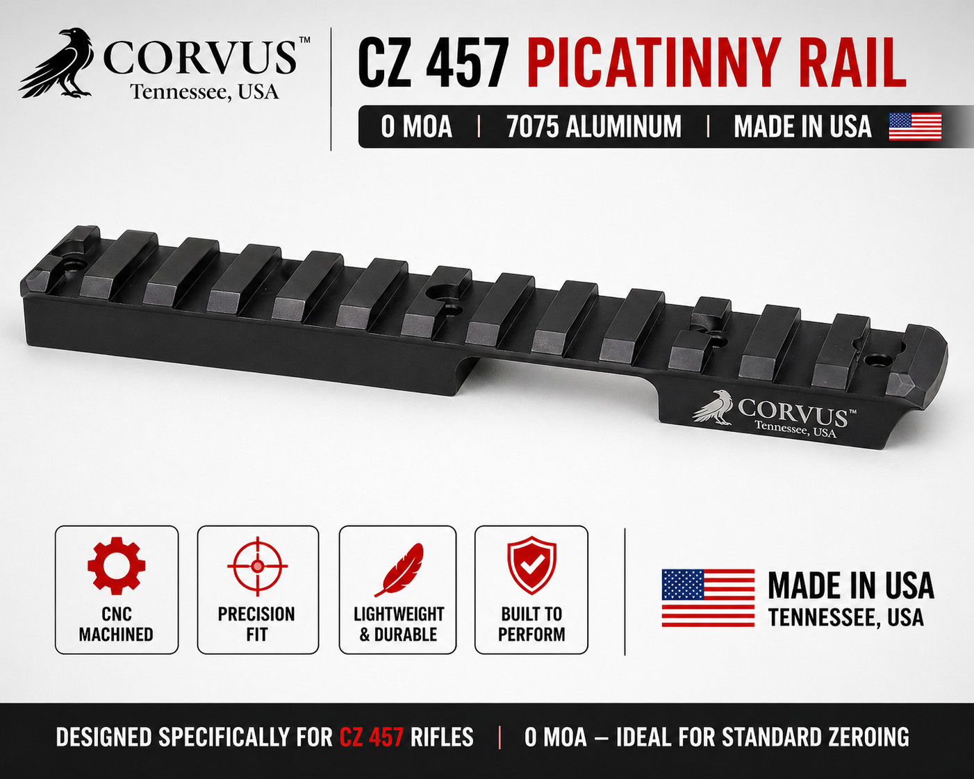 Corvus™ - CZ 457 0-MOA 7075 aluminum picatinny rail. Made in the USA!