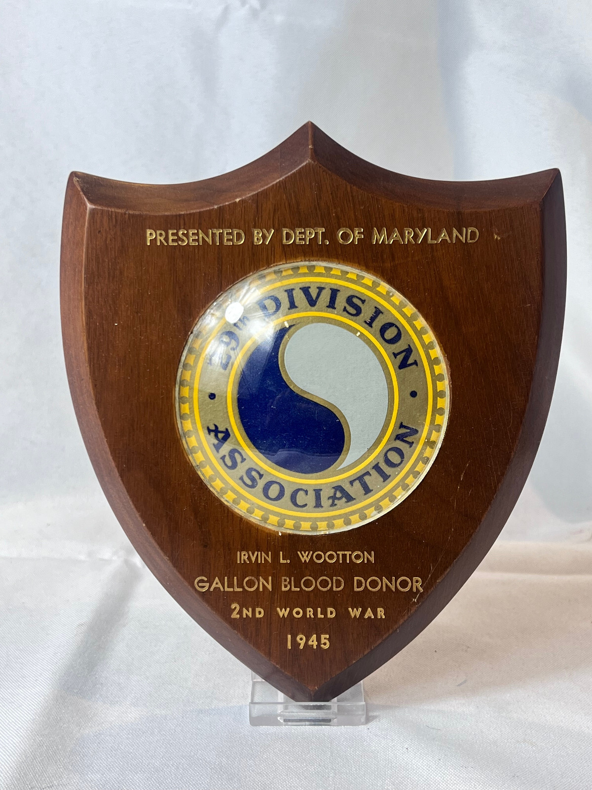 WW2 1945 Army 29th Infantry Division Assoc. Wood Plaque Dept. of MD Blood Donor