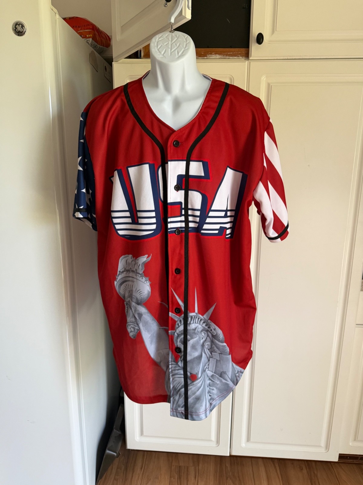 Greater Half Red America #1 USA Patriotic Graphic Baseball Jersey 2XXL EUC