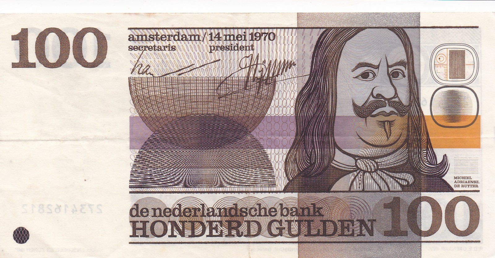 BANK OF NETHERLANDS 100 GULDEN 1970 VF p-93