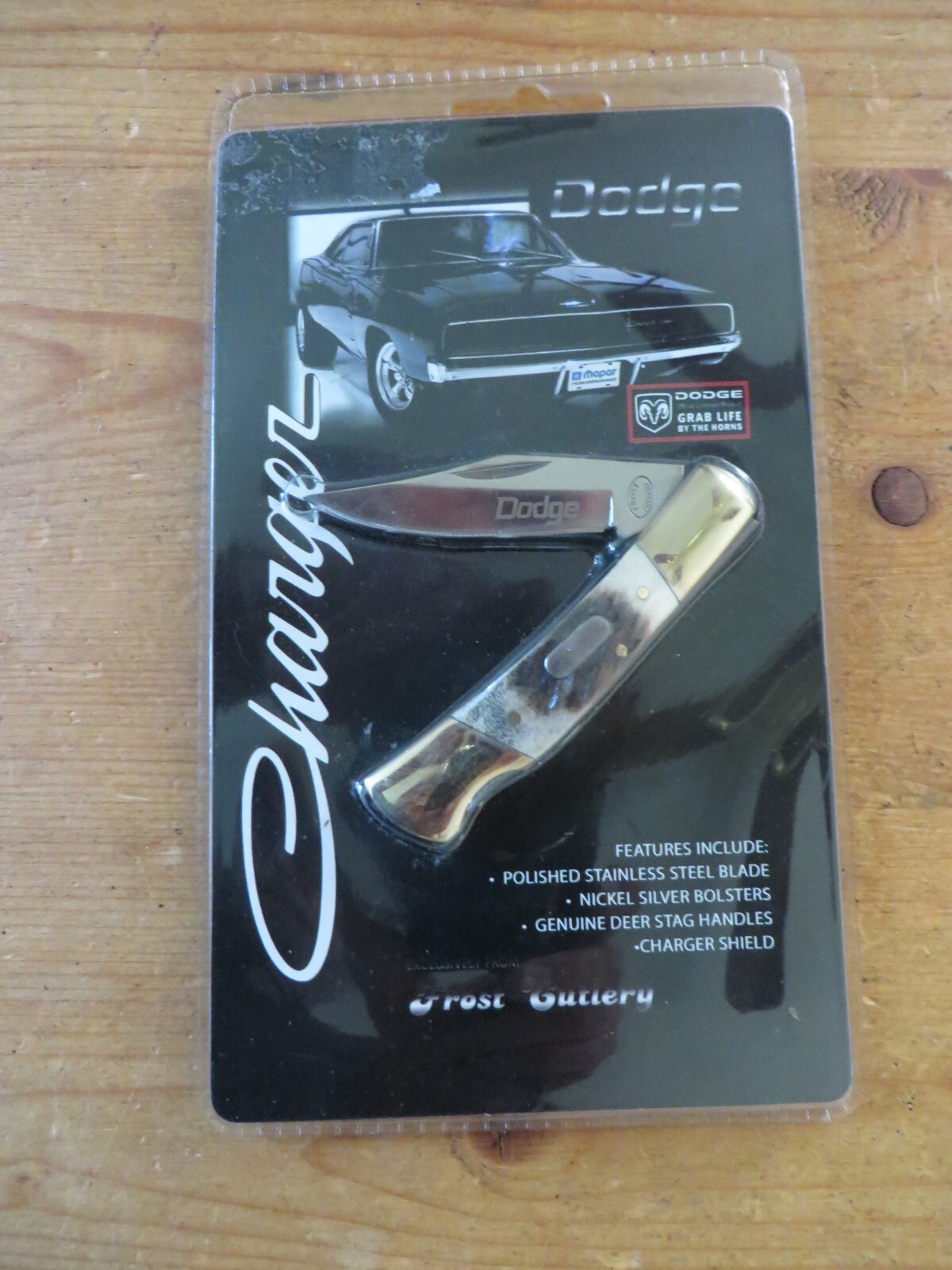 Dodge Charger commemorative knife deer stag handle & charger shield inlay RARE