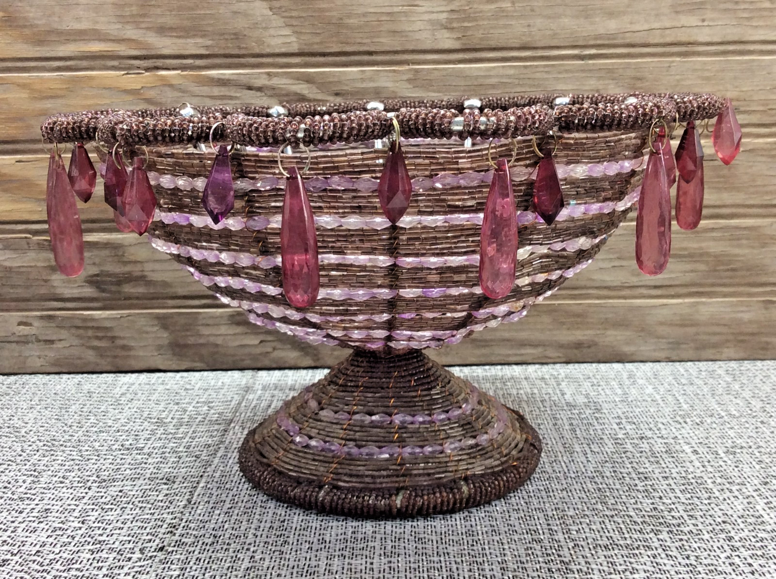 Purple Glass Beaded Wire Pedestal Basket Scalloped Edge Compote Metal Frame 1960