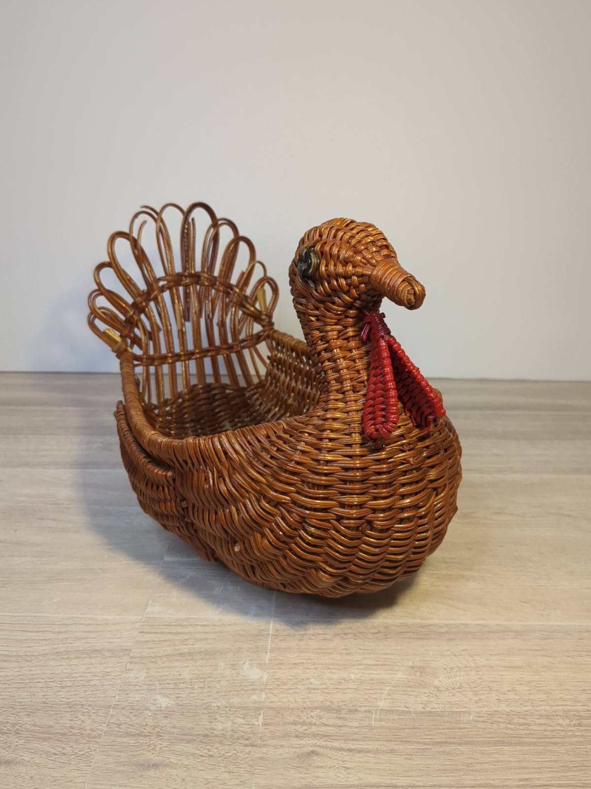 Vintage Wicker Turkey Woven Rattan Bread Basket Planter Farmhouse Country Decor