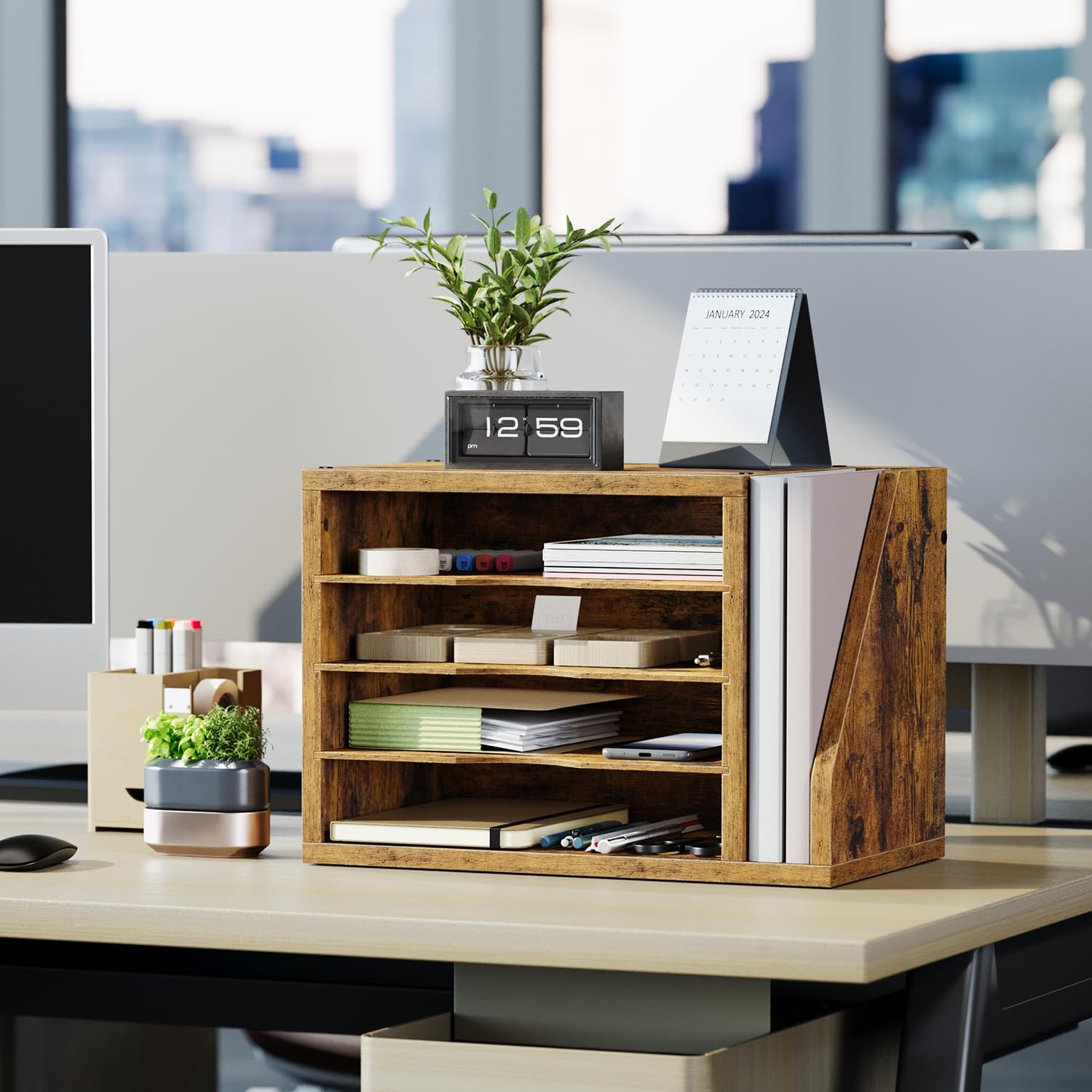 Mail Sorter, File Organizer Desktop, Wood Desk Organizer with 3 Adjustable Sh...