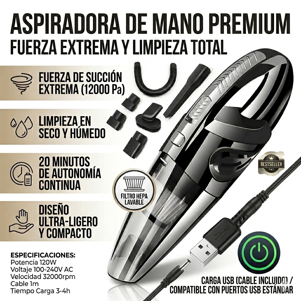 Aspiradora de Mano para Coche Potente 12V Succión Fuerte Portátil Seco y Húmedo
