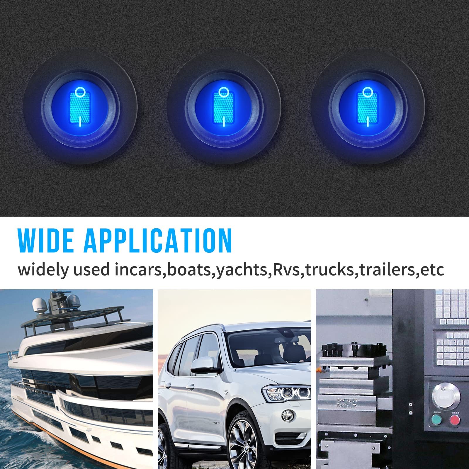 Toggle Switch 12 Volt Waterproof Blue LED Round Rocker 2 PCS SPST 3 Pin 12V/20A